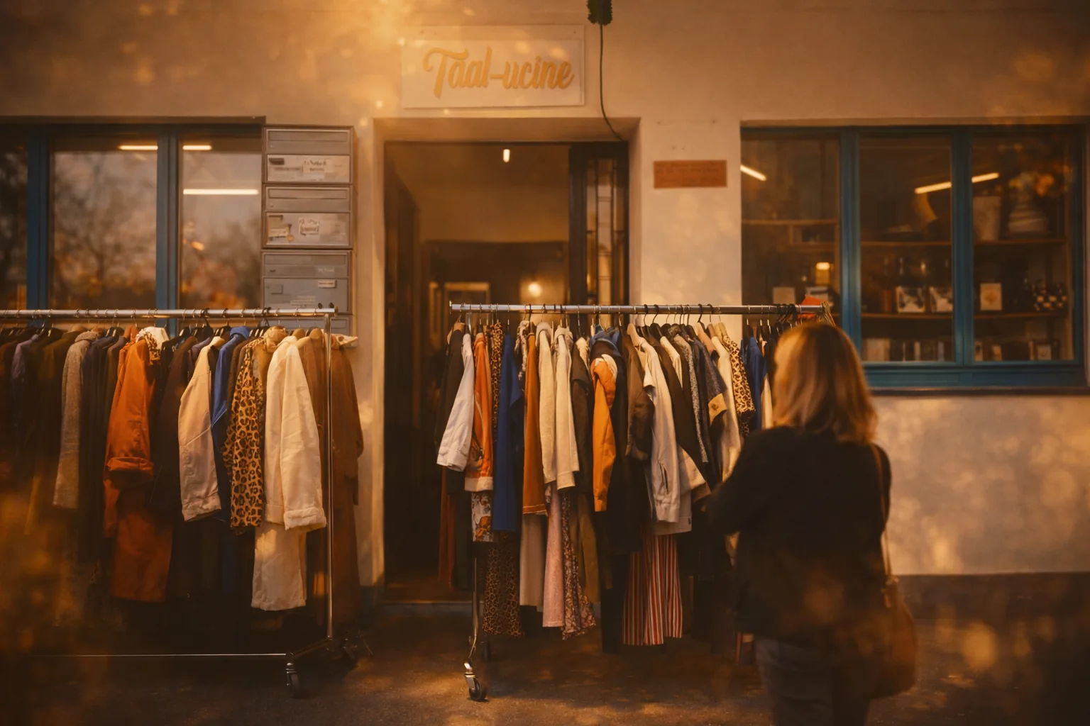 Devanture de la boutique Taal-ucine à Vevey, portants de vêtements devant l'entrée