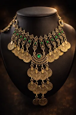 Collier plastron doré à pièces et pierres vertes